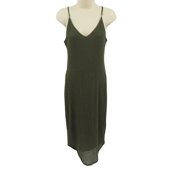 Express Womens Medium Green Ribbed Stretch Spaghetti Strap V Neck Midi Dress - Picture 1 of 8